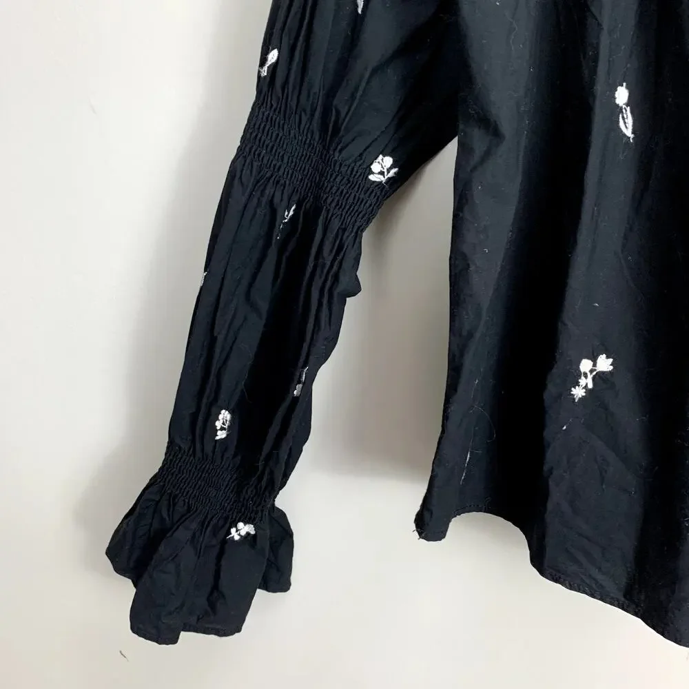 Zara Trafaluc Black White Off Shoulder Top Floral Embroider Puff Sleeve Blouse S